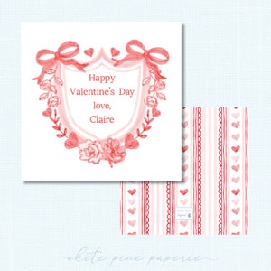 Watercolor Red Floral Heart Crest Valentine Printed Gift TAGS /or/ STICKERS