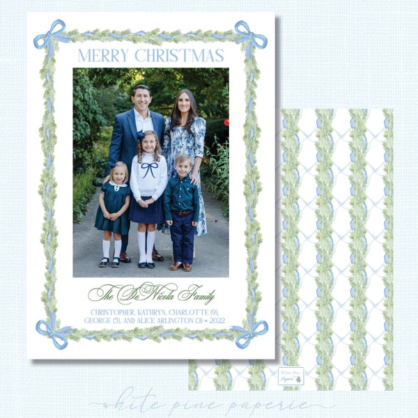 Delicate Blue Bow Garland Watercolor Christmas Card \\ Portrait \\ DIGITAL