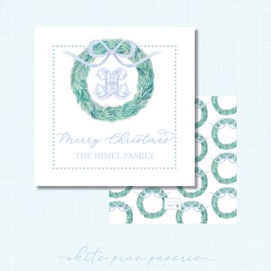 Blue Initial Wreath Christmas Watercolor Gift Tag \\ PRINTED