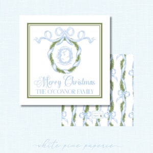 Monogrammed Blue Bow Wreath Christmas Watercolor Gift Tag \\ PRINTED
