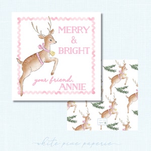 Pink Reindeer Christmas Watercolor Gift Tag \\ PRINTED