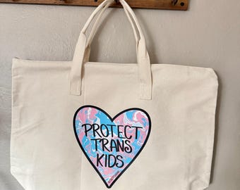 Protect Trans Kids Tote Bag: XL Cotton Canvas Zippered Tote