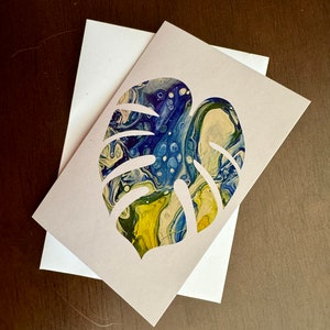 Carte de voeux Monstera jaune, verte et bleue - 10 x 15 cm - 100 % PCW - Papier recyclé - Respectueux de l'environnement - Respectueux de l'environnement