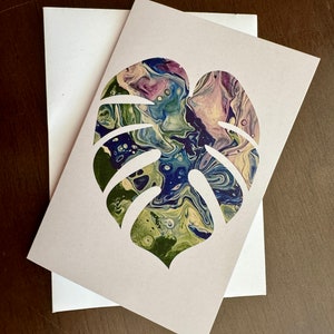 Carte de voeux Monstera violette, verte et bleue - 10 x 15 cm - 100 % PCW - Papier recyclé - Respectueux de l'environnement - Respectueux de l'environnement