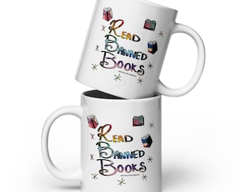 Read Banned Books Coffee Mug: Hand-Drawn Design