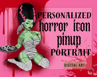 Custom Horror Icon Pinup Portrait | Personalized Gothic Pinup Digital Art | Alternative Character Illustration
