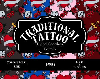 Traditional Tattoo Seamless Pattern PNG | Skull, Dagger, Rose & Sacred Heart Digital Paper | Old School Gothic Fabric Print 4000x4000