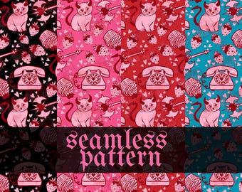 DEVILS CALLING | Demon Kitty Seamless Pattern Gothic Coquette Phone Strawberries Axe Digital Paper
