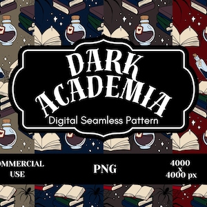 Puede incluir: Patrón digital sin costuras con temática de Dark Academia. El diseño presenta pilas de libros, botellas de pociones con etiquetas en forma de corazón y libros abiertos. El texto "DARK ACADEMIA" se muestra en un marco negro. Patrón para uso comercial.