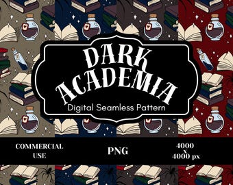 Dark Academia Seamless Pattern PNG | Witchy Books, Spider & Potion Digital Paper | Gothic Library Fabric Print 4000x4000