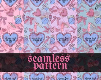PLZ dont be mad | Seamless Pattern Gothic Coquette Hearts Bows Lollipop Blade Digital Paper