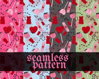 PICNIC PARTY | Seamless Pattern Goth Candy Ants Bandage Hearts Digital Paper