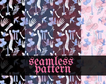 BLUEBERRY BONES Seamless Pattern | Gothic Coquette Digital Paper | Skeleton Cherry Pattern | Dark Feminine Repeat Design