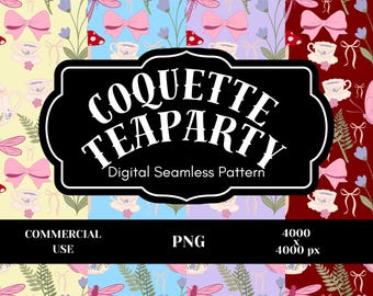 Coquette Tea Party Seamless Pattern | Bow Butterfly Teacup Mushroom Digital Paper | Cottagecore Pink Whimsical Background
