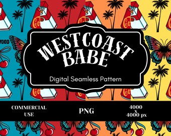 Retro California Seamless Pattern | Hollywood Pinup Digital Paper | West Coast Americana Fabric Print PNG 4000x4000