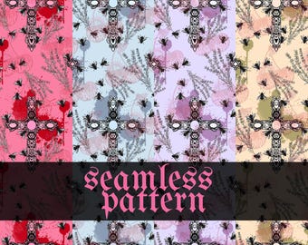 WORSHIP Seamless Pattern | Gothic Cross Digital Paper | Dark Floral Fly Repeat Design