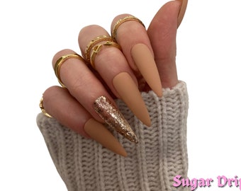 Cappuccino and Glitter Press on Nails Nude Stiletto Press on - Etsy