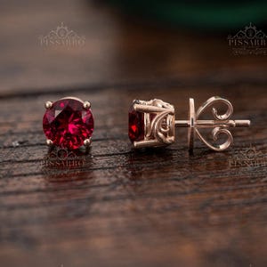 Ruby Stud Earrings, Unique Studs, Single Stud Earring Or Pair Of Earrings, 5mm Round Red Gemstone, Rose Gold