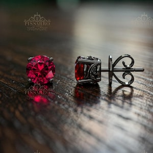Ruby Stud Earrings, Unique Studs, Single Stud Earring Or Pair Of Earrings, 5mm Round Red Gemstone, Black Silver Or Black Gold