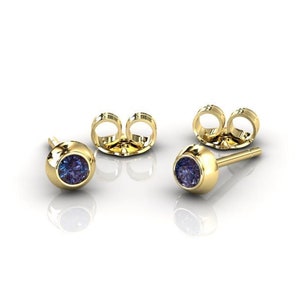 14k Alexandrite Stud Earrings, Dainty Bezel Set Yellow Gold Studs, Minimalist Unique Anniversary Jewelry, June Birthstone Gemstone Earrings