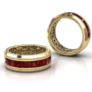 Mens Ruby Wedding Band, 10mm Wedding Ring, Channel Set, Yellow Gold Plated Silver