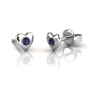 Alexandrite Heart Stud Earrings,  Dainty 14k Solid White Gold Studs, Minimalist Anniversary Jewelry, June Birthstone Gemstone Earrings