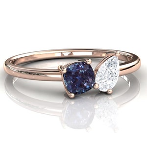 Alexandrite Toi Et Moi Ring, 14k Rose Gold, Color Change Alexandrite & Moissanite, Stacking Ring, Small Engagement Ring, Promise Ring
