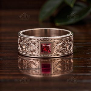 8mm Mens Wedding Band, Wedding Ring, Princess Cut Red Ruby, Filigree Scroll Work, Plated Silver Or Solid Rose Gold Jewelry