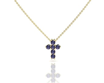 Alexandrite Cross Necklace, Layering Pendant, 14k Yellow Gold, Color Change Gemstone, Anniversary Jewelry, June Birthstone Gift For Her