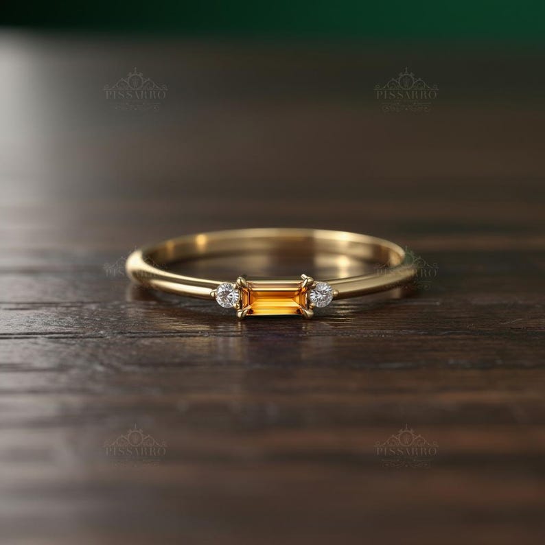 Genuine Citrine Stacking Ring, Baguette Cut Thin Wedding Band, Round ...