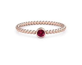Red Ruby Stacking Ring, Wedding Band, Promise Rings, Small Thin Design, July Birthstone Anniversary Gift For Her, Solid Rose Gold