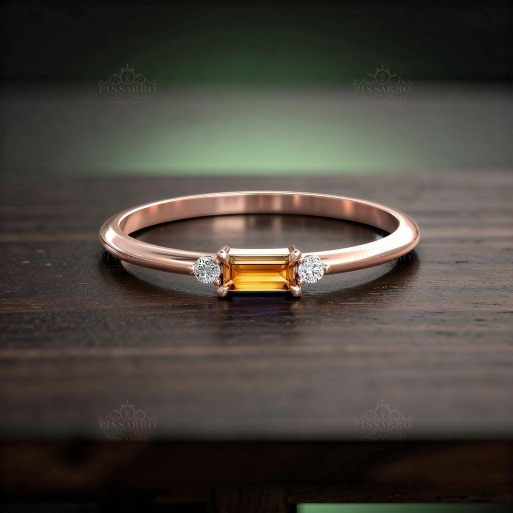 Genuine Citrine Stacking Ring, Baguette Cut Thin Wedding Band, Round ...