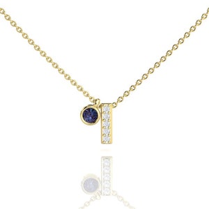 Alexandrite & Diamond Bar Necklace, Minimalist Layering Pendant, 14k Yellow Gold, Anniversary Jewelry, June Birthstone, Color Change