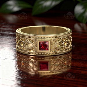 8mm Mens Wedding Band, Wedding Ring, Princess Cut Red Ruby, Filigree Scroll Work, Plated Silver Or Solid Yellow Gold Jewelry