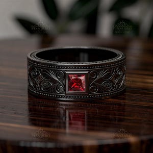 8mm Mens Wedding Band, Wedding Ring, Princess Cut Red Ruby, Filigree Scroll Work, Black Silver Or Black Gold Jewelry