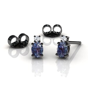 Black Gold Oval Alexandrite Stud Earrings, Dainty Prong Set Studs, Minimalist Anniversary Jewelry, June Birthstone Gemstone Earrings