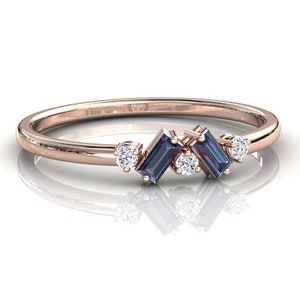 Alexandrite Cluster Ring, 14k Rose Gold, Color Change Alexandrite Band, Baguette Stacking Ring, Anniversary Ring, Minimalist Jewelry