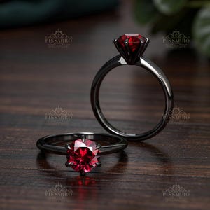 Ruby Solitaire Ring, Round Claw Prong Engagement Promise Ring, Wedding Set, Black Silver Or Black Gold