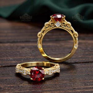 Red Ruby Engagement Ring Set, 1.5 Carat, Vintage Style Bridal Wedding Jewelry, Plated Or Solid Yellow Gold