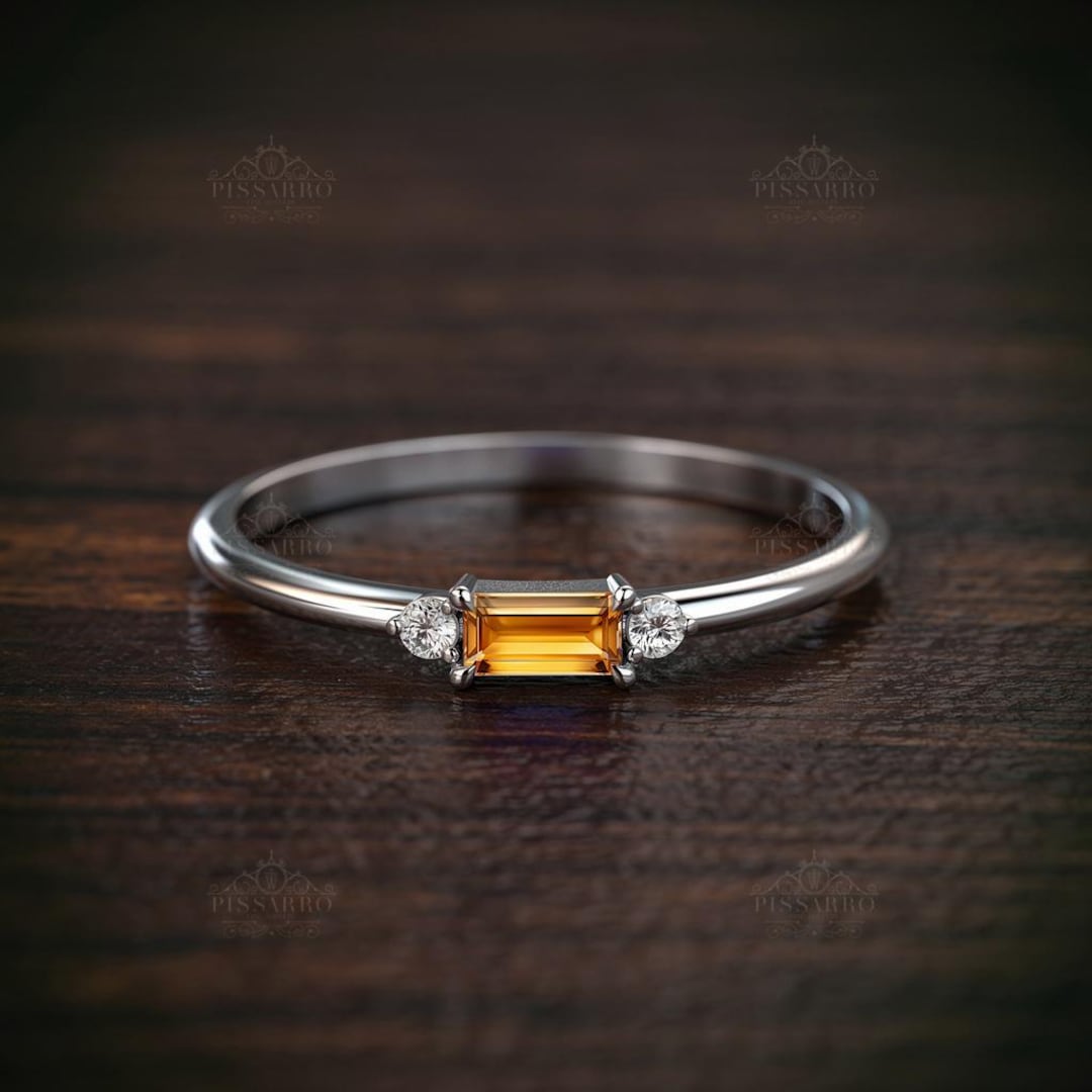 Genuine Citrine Stacking Ring, Baguette Cut Thin Wedding Band, Round ...