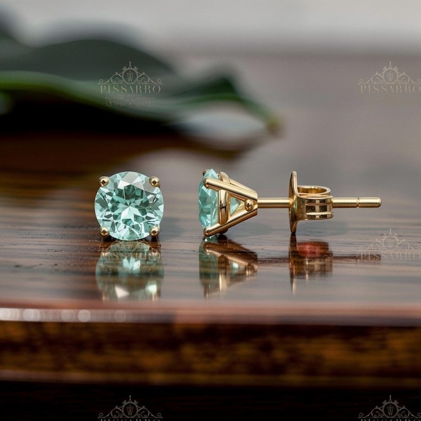 Teal Sapphire Stud Earrings, 4 Prong Basket Studs, Single Stud Earring Or Pair Of Earrings, 5mm Round Gemstone, Plated Or Solid Yellow Gold