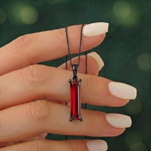 Ruby Necklace, Women's Solitaire Baguette Pendant, Anniversary Gift For Her, Layering Jewelry, Black Silver Or Black Gold