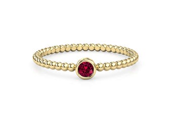 Red Ruby Stacking Ring, Wedding Band, Promise Rings, Small Thin Design, July Birthstone Anniversary Gift For Her, Solid Yellow Gold