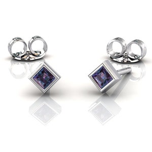 May include: A pair of square-cut stud earrings with a silver setting. The earrings feature a purple and blue gemstone. The earring backs are also visible in the image, which are silver in color.