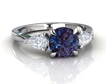 Alexandrite & Diamond Engagement Ring, 14k or 18k White Gold or Silver, Wedding Ring, Anniversary Ring, Gift For Her, June Birthstone