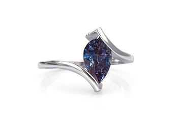 Color change alexandrite ring for women, Silver, gold, or platinum, Modern pear shaped alexandrite engagement ring June birthstone ring