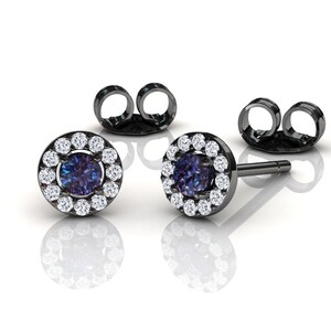 Black Gold Alexandrite Stud Halo Earrings, Dainty 14k Gold Studs, Minimalist Unique Anniversary Jewelry, June Birthstone Gemstone Earrings