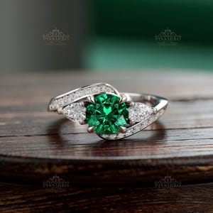 Emerald Engagement Ring, Three Stone Ring, Moissanite Or Diamond Side Stones, Wedding Promise Ring, Silver, White Gold Or Platinum