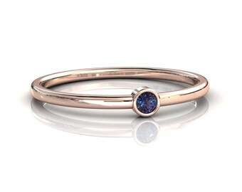Dainty Alexandrite Stacking Ring, Thin 14k Rose Gold Band, Minimalist Small Modern style Ring, Anniversary Jewelry, Gift For Her