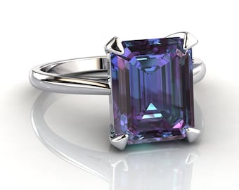 Alexandrite Solitaire Engagement Ring | Emerald Cut Alexandrite Ring | 4 Carat Alexandrite | Simple Alexandrite Ring | White Gold Ring
